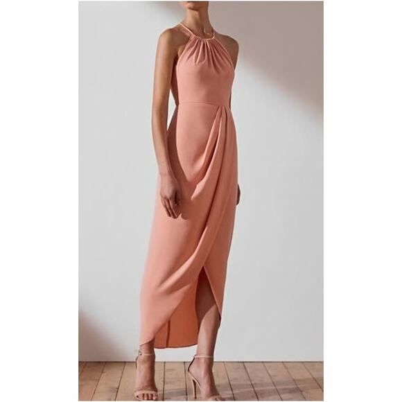 SOLD | NWT Shona Joy Draped Halter Tulip Midi Ruched High Neck Gown in Pink | 6 - Picture 1 of 8
